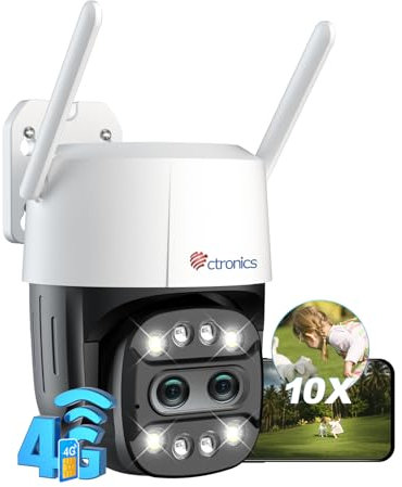 Ctronics 3G/4G LTE Doppio Obiettivo Telecamera Esterno con Zoom Ibrido 10X, PTZ Telecamera 1080P, Rilevamento di Persone/Veicoli e Tracciamento Automatico, Visione Notturna a Colori, Audio Bidire