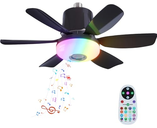 Ceiling Fan with Lights and Remote,32W E27 RGB LED Ceiling Fan Light with Bluetooth Music Player,3 Speeds,3 Colors,6 Blades and Remote Control Support RGB Colours, Music Player for Home Room (Black)