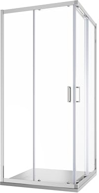 Tonga Cabine de douche d'angle avec deux portes coulissantes, verre trempé de 6 mm, profilés carrés chromés, hauteur 185 cm, verre transparent, 90 x 90 cm