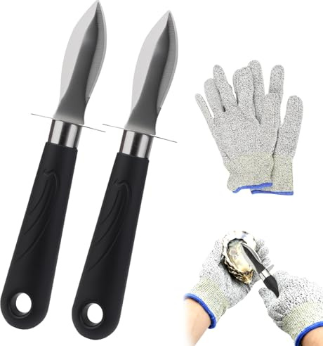 Juego de 2 cuchillos para ostras con 2 pares de guantes resistentes a cortes de nivel 5, herramientas de acero inoxidable endurecido para ostras, almejas y mariscos, regalo ideal para la cocina
