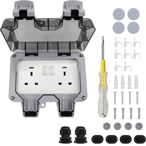 Weatherproof Outdoor Double Socket, IP66 Rated Plug Socket with Lockable Cover Box, Dual 13A Plug Sockets, LED Indicators, Waterproof Outside Power Outlet for Sheds & Garages (Grey)