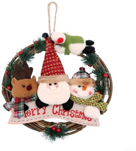 Corona di Natale 29 cm in rattan con Babbo Natale pupazzo di neve e renna per porta di casa, decorazione interna ed esterna, resistente alle intemperie, atmosfera festiva, facile da appendere per