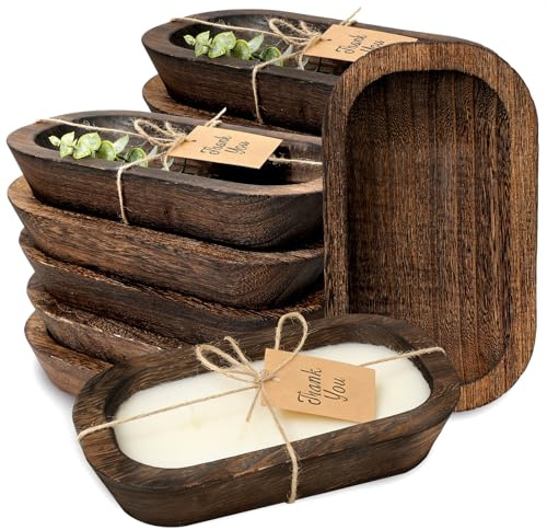 JarThenaAMCS 12Pcs Wooden Dough Bowls for Candle Making Rustic Decorative Bowls with Thank you Tag Eucalyptus Leaves for Birthday Wedding Party Favors Supplies Table Decor