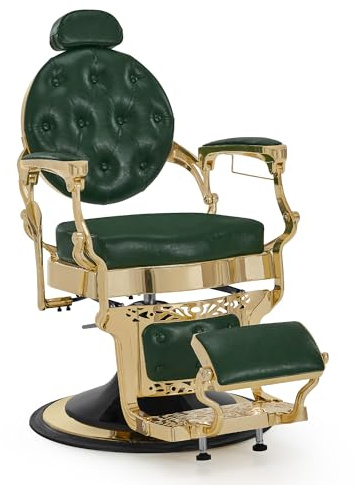 Barberpub Fauteuil de Coiffure avec Appui-tête inclinable, équipement de Coiffure avec Pompe hydraulique, pivotant à 360°, Fauteuil de Coiffure réglable en Hauteur, Style Vintage, 2933-F (doré-Vert)