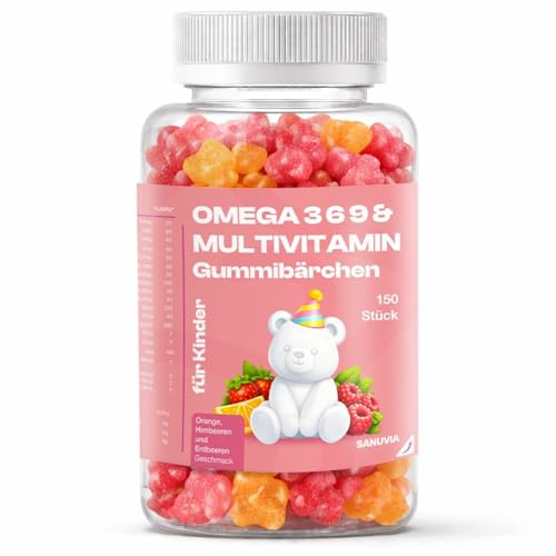 Omega 3 6 9 Gummies con Multivitaminas para Niños - 150 Gummies - Vitaminas C, D3, Complejo B, Yodo y Zinc - Sabor Fresa, Naranja y Frambuesa - Vegano y Sin Gelatina - Sin Aditivos