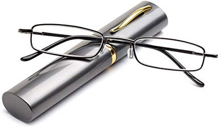 KoKoBin Metal frame Reading Glasses Portable Spring Hinge Reading Unisex reader with glasses case(Gray，+2.5