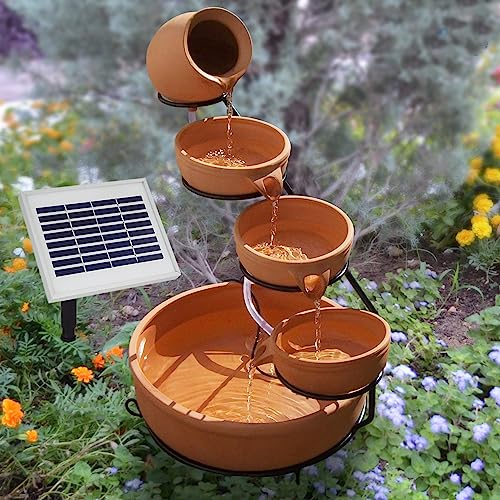 Fontaine Solaire Cascade Pichet et Bols en Terre Cuite - Déco Originale pour Jardin, Terrasse, Véranda