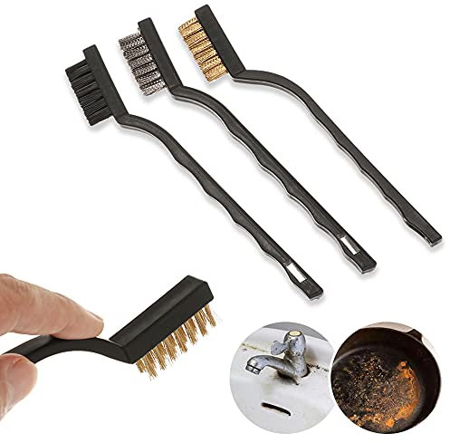 High Quality Mini Wire Durable and Sturdy Brush Set Steel Brass Nylon Bristle, Curved Handle for Cleaning Paint Rust Removal Kitchen Tool (3 x Mini Wire Brush Random Color)