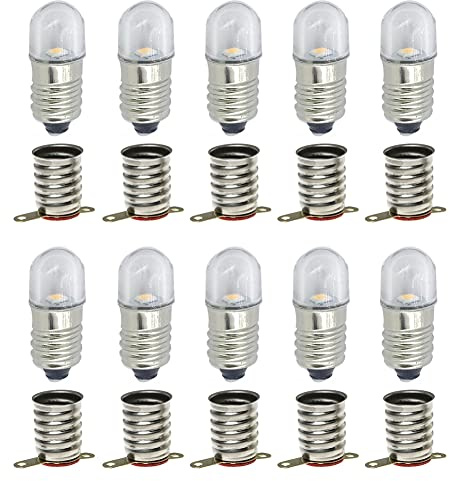 MeetUs 10 juegos de bombillas LED AC E10 SMD 0,5 W 60 lm + base E10 (blanco cálido, 12 V)