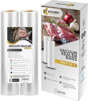 Kitchen Festiva Vacuum Sealer Rolls – 2-Pack, 28cm x 6m ea, BPA-Free, Reusable & Heavy-Duty Vacuum Sealer Bags – Extreme Temperature & Tear Resistant – Ideal for Food Storage & Sous Vide Cooking