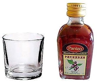 Deliex delicias de Extremadura. 24 Botellitas de licor con vaso chupito en bolsa de organza. Detalles para invitados en bodas, comuniones, bautizos y eventos. (Pacharán, 24)