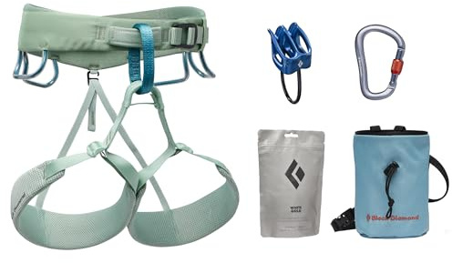 BLACK DIAMOND Women’s Momentum Harness Rock Climbing Package | Climbing Harness, Belay Device, Carabiner & Chalk Bag Set | Desert Sage | Small