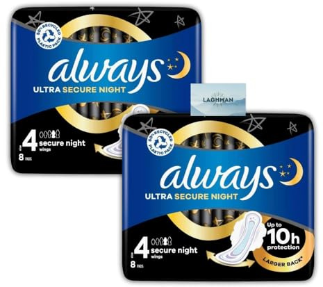 Stay Protected All Night: Ultra Secure Night Sanitary Towels Bundle - Super Absorbent & Ultra Thin with Wings - Size 4 (2 Packs x 8 Pads) - Alway
