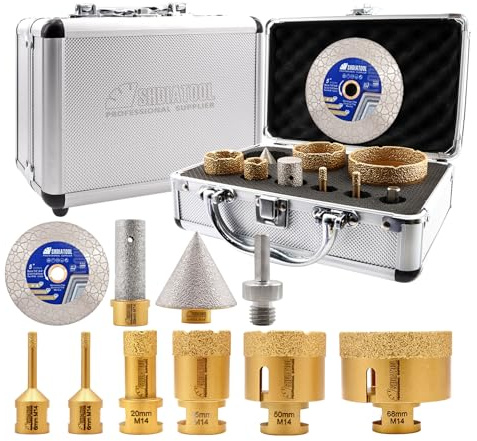 SHDIATOOL Forets Diamantés M14 (6/6/20/35/50/68mm) - Kit Mèches à Chanfrein Diamantées 50mm, Mèches à Doigts 20mm, Adaptateur Queue Triangulaire & Disque de Coupe 125mm pour Carreaux