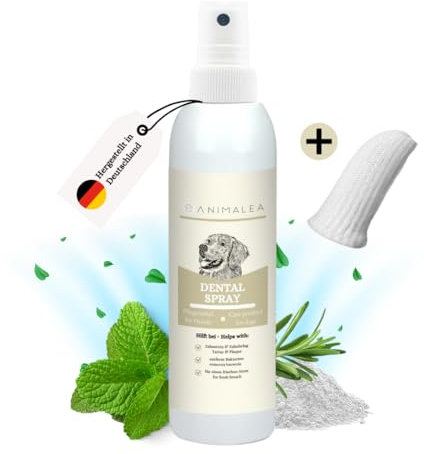 Animalea – TESTURTEIL SEHR GUT Dentalspray für Hunde & Katzen -150 ml Jahresvorrat – 100% natürlich, effektiv gegen Zahnstein, Mundgeruch - zur Zahnreinigung, frischer Atem - Zahnpflege Hund