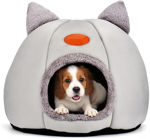 Höhlen-Hundebett Katzenhöhle, Katzenbetten für Hauskatzen, Faltbare Katzenbetthöhle, Katzenhaus mit waschbaren Kissen weiches und warmes Katzenhaus für drinnen für Kätzchen und mittelgroße (grey, L)