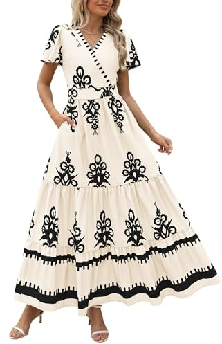 PRETTYGARDEN Womens 2026 Summer Casual V Neck Boho Maxi Dress Flowy Aline Bell Sleeve Tiered Floral Dresses with Pocket (Floral Apricot Black,Medium)