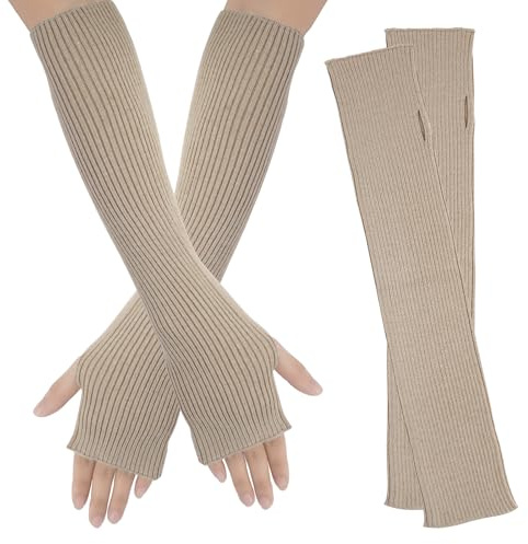 AUYAO Gants en Mélange de Cachemire sans Doigts, Gants Bras Manches Longues Chauds d'Hive Coude Demi-Doigts avec Trou Pouce pour Femme(Camel-40cm)