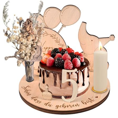 Geburtstagsteller aus Holz, Personalisierte Geburtstagskranz Geburtstagsdeko Baby Kinder mit Geburtstagskerze & Vase, 0-9 Geburtstag Geschenke für Jungen Mädchen