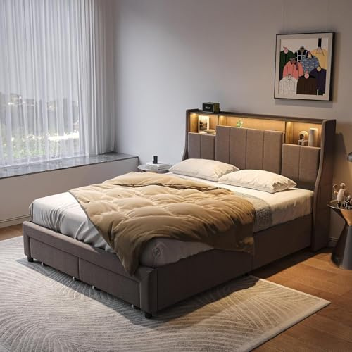 BRILVERDE Cama Matrimonio 160x200,Cama con Dos cajones, iluminación LED, estación de Carga y Espacio de Almacenamiento en el cabecero. Fabricada en Lino Gris Claro