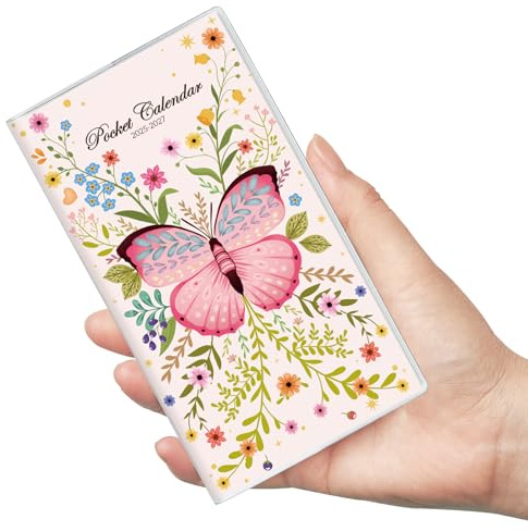 Phyxin Pocket Calendar 2025-2027, Two Year Pocket Planner - Runs From Jul 2025 Until Dec 2027, Small Size Planner - 6.7 x 3.7, Small Calendar for Easy Organizing, Butterfly