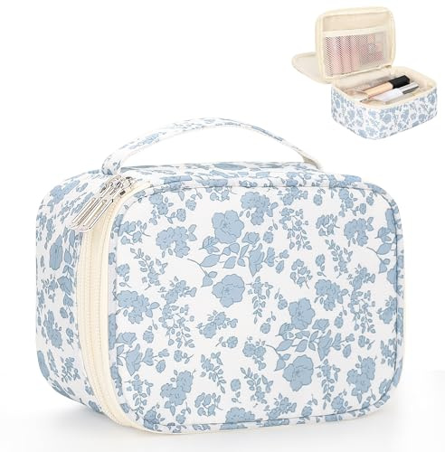 Relavel Travel Makeup Bag, Mini Floral Cosmetic Bag with 2 Layers