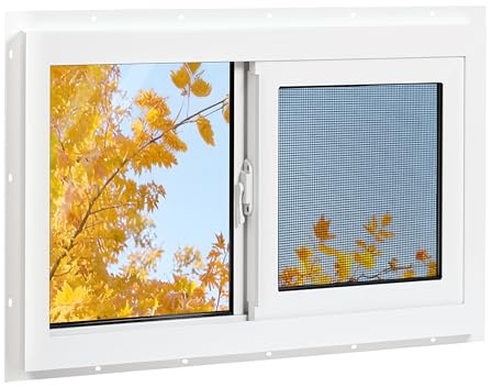 NOTASA Vinyl Basement Window, 32 x 22 Bathroom Sliding Window with Double Pane Insulated Tempered Glass and Fiberglass Screen for Basement, Bathroom, Shed (White)