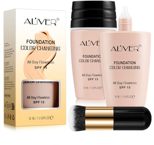 ALIVER Foundation - Fondotinta per trucco 4K per una carnagione impeccabile, copertura media con effetto pelle secondaria, con pennello per trucco di alta qualità, per tutti i tipi di pelle, formula