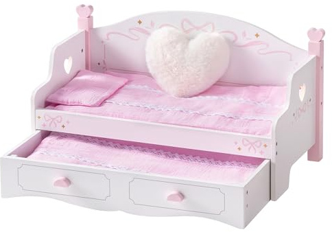 ROBUD Docka våningssäng och soffa set för 45 cm dockor, 2-i-1 trädockor, barnmöbler med madrass, täcken och kuddar, konvertibel bäddsoffa för låtsaslek, flickor present ålder 3+
