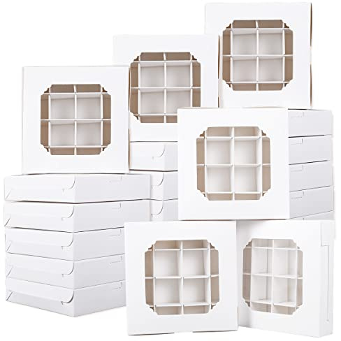 TNTGMG 20er-Set Pralinenschachteln,Süßigkeitenboxen zum Selbstbefüllen,Weiße Bonbonboxen mit Einlagen,Sichtfenster und Trennwänden,15×15cm,Kleine leere Pralinenschachtel,Papier-Cupcake-Förmchen