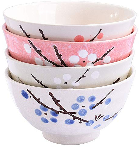 Whitenesser Japanese Rice Bowl Set of 4 Asian Style Hand-painted Floral Plum Ceramic Bowls For Dessert Snack Cereal Soup Sushi Sauce