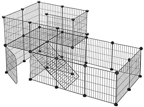 SONGMICS Pet Fence, 2 Levels, Modular Pet Enclosure for Small Animals, Rabbits, Guinea Pig, Mesh Panels, Indoor Use, 143 x 73 x 71 cm, Black LPI06H
