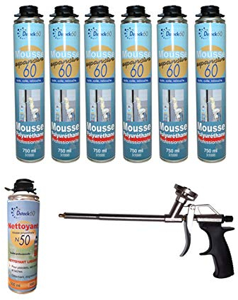 Dstock60 - Ensemble de 6 mousses expansives 750 Ml - 1 Pistolet - 1 Nettoyant mousse - Mousse polyuréthane professionnelle - Isole, colle et rebouche - Mousse pistolable - Extérieur et intérieur -