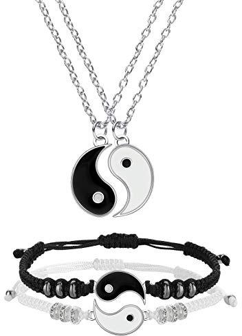 Hicarer 4 Pcs Yin Yang Necklace for 2 Matching Friend Couples Bracelet Valentines Day for BFF Friendship Gifts(Silver)