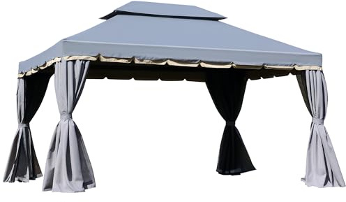 Outsunny 3 x 4m Aluminium Garden Gazebo, Marquee Canopy Shelter Pavilion Party Tent with Nets and Curtains for Garden and Deck, Grey