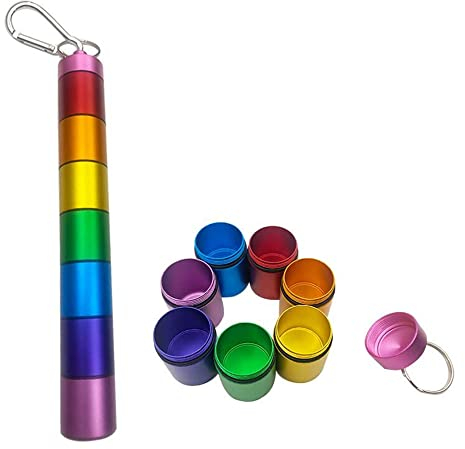 Peakpet Pillendose Schlüsselanhänger 7 Tage Tablettenbox Wasserdicht Aluminium Tablettendose 7 Fächer Medikamentenbox mit Karabiner für Camping Reise Unterwegs Wandern (Bunt)