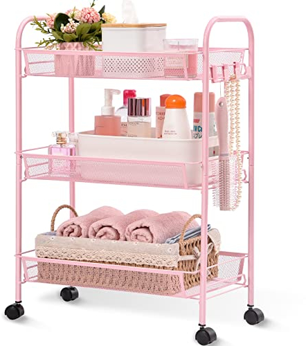 APEXCHASER 3-Tier Rolling Cart,Easy Assemble Mobile Storage Trolley On Wheels,Slide Out Utility Cart Shelving Units Kitchen Bathroom Laundry Room,Pink