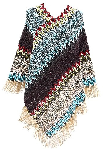 Jdlsppl Poncho da donna maglione a zig zag lavorato a maglia messicano poncho avvolgente autunno hippie morbida frangia scialle uncinetto mantello asimmetrico