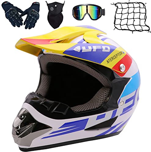 Casque Moto Cross Homme Set, Casque Motocross Intégral, Casque Moto Enfant avec avec Gants Lunettes Masques Filet de Casque, Casque Downhill pour BMX MTB Dirt Bike Quad Enduro ATV - ECE Homologué