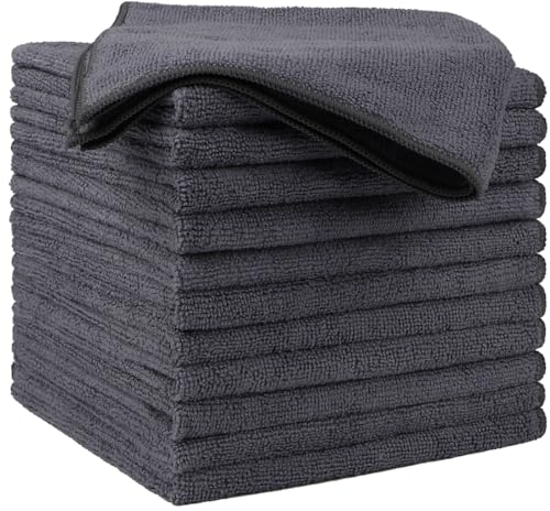 HOMEXCEL Lot de 12 chiffons de nettoyage en microfibre de qualité supérieure de 40,6 x 40,6 cm pour voitures, ultra absorbants, sans traces pour voiture, cuisine et fenêtre, gris