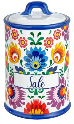 Baroni Home Barattolo Sale Decorato in Ceramica con Coperchio Ermetico, Accessorio da Cucina Colorato Resistente, Linea Flora, 11x11x17 cm