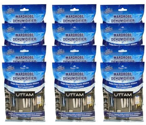 UTTAM Wardrobe Dehumidifier Hanging Bags Bulk Pack, Condensation, Dehumidifiers for Damp, Mould, Moisture Absorbers, Bedroom, Caravan, Bathroom, Basement, Office (210g Each) (Pack of 12)