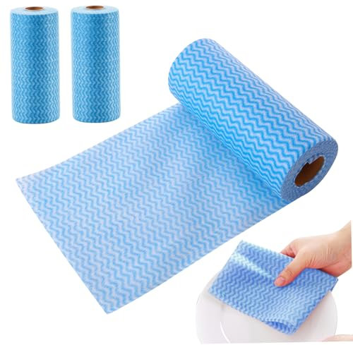 Gcroet Tissu de Cuisine 3 Rouleaux 150 draps de Nettoyage jetables Totons à Vaisselle Tout Usage des Chiffons Bleus Non tissés lavez Gratuitement pour la vitre de fenêtre de Salle de Bain de Cuisine.