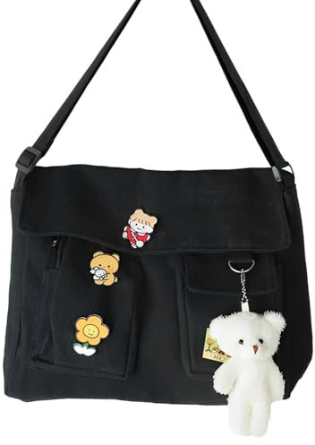 CRITIVE-S Canvas Messenger Bag Shoulder Bag, Cross Body Bag Women with 4 Cute Badges and 1 Bear Pendent, Large Mens Satchel Bag Multiple Pockets, Tote Bag Adjustable Shoulder Strap(Black)