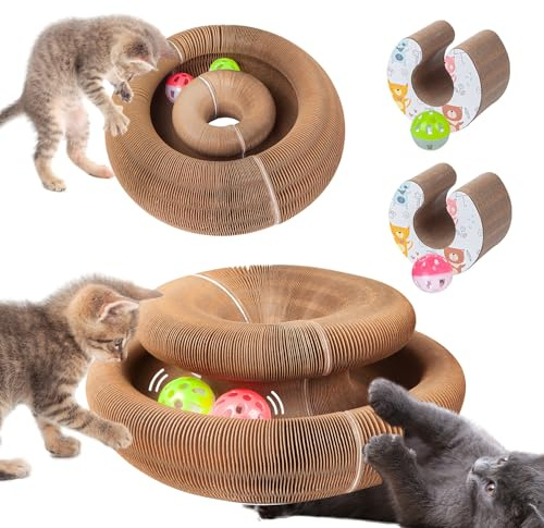 bonitacrylic Connectable Two-Pack Kitty Kurlz Cat Toys, Magic Accordion Scratching Board, Interactive Organ Cat Toy with Two Balls, Enrichment Scratcher Mat for Kitten Made of Cardboard