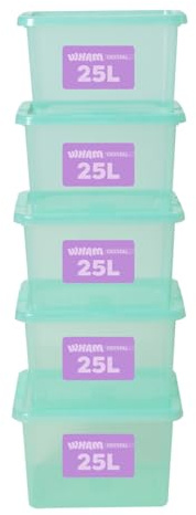 Wham Plastic Storage Boxes With Lids 25L Home Office Stackable Nestable Container Box, Easy fit Underbed Protective Storage Box, 42.5 x 33 x 25.5 cm - Tint Spearmint (Set of 5)