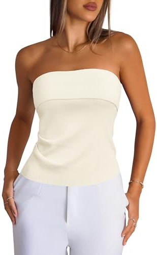 Arach&Cloz Women's Silk Blend Tube Tops Summer Ruched Strapless Off Shoulder Top Bandeau Sexy Trendy Going Out Outfits White M