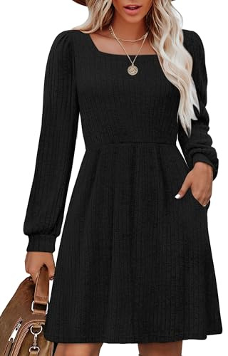 Aokosor Long Sleeve Dresses for Women UK - Jumper Dress Ladies Square Neck Babydoll Dress with Pockets