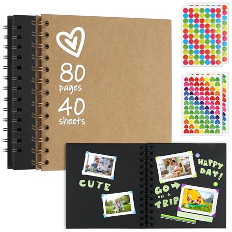 QMLING Small Photo Album Scrapbook: 2 PCS DIY Scrap Book 17x17 cm with 20 Sheets | 40 Pages, Hardcover Memory Book with Stickers for Birthday Wedding Anniversary Valentine's Day (Black Brown)