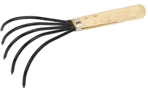 Masyrt Ergonomisk handräfsa för trädgården, 5 stålpinnar, trähandtag, klo kultivator för jordbearbetning och lossning (kort handtag)